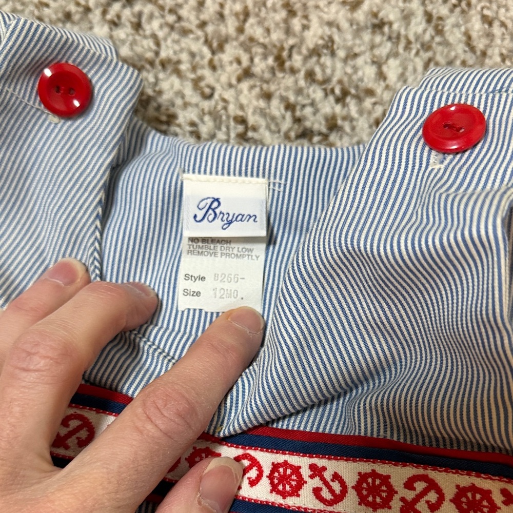 Bryan Vintage Infant Blue & White Pinstripe Bubble Romper w/ Nautical Embroidery - Picture 3 of 6